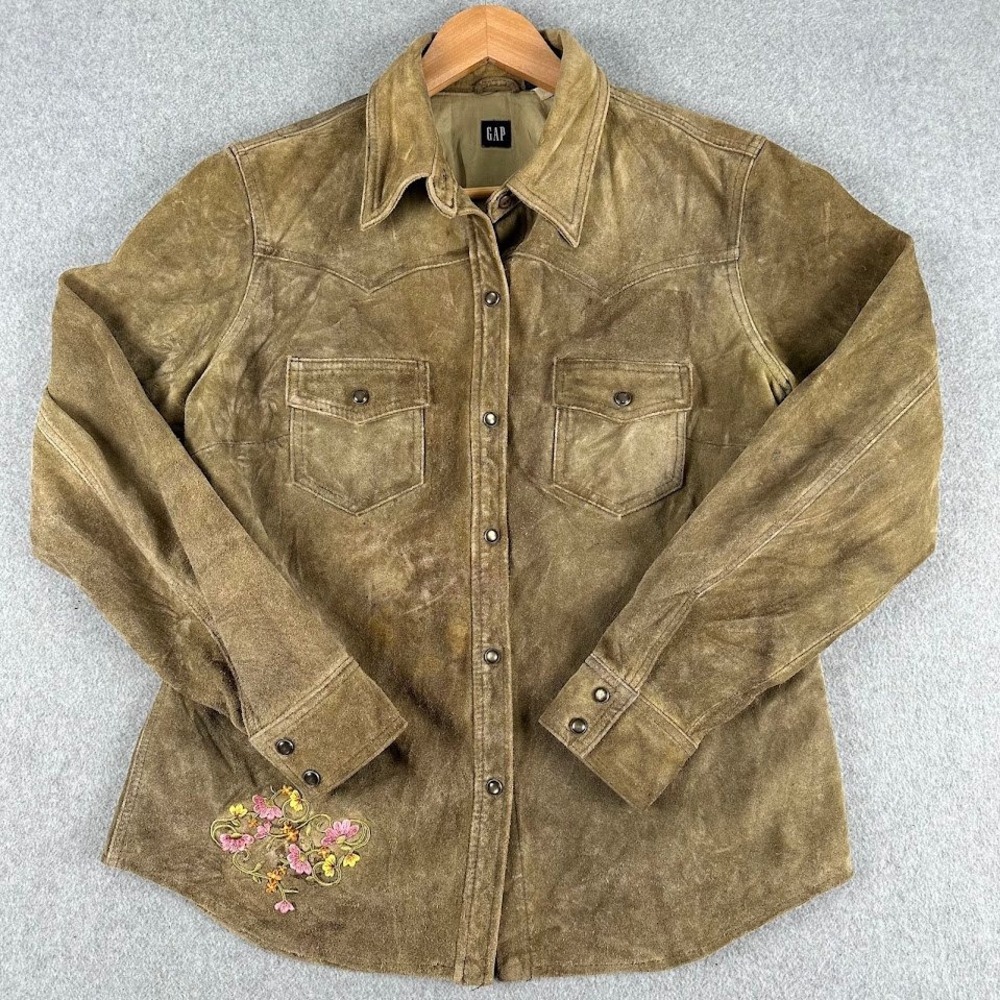 GAP Suede Leather Shacket Women's‎ Brown Floral Embroidered Button Large Western